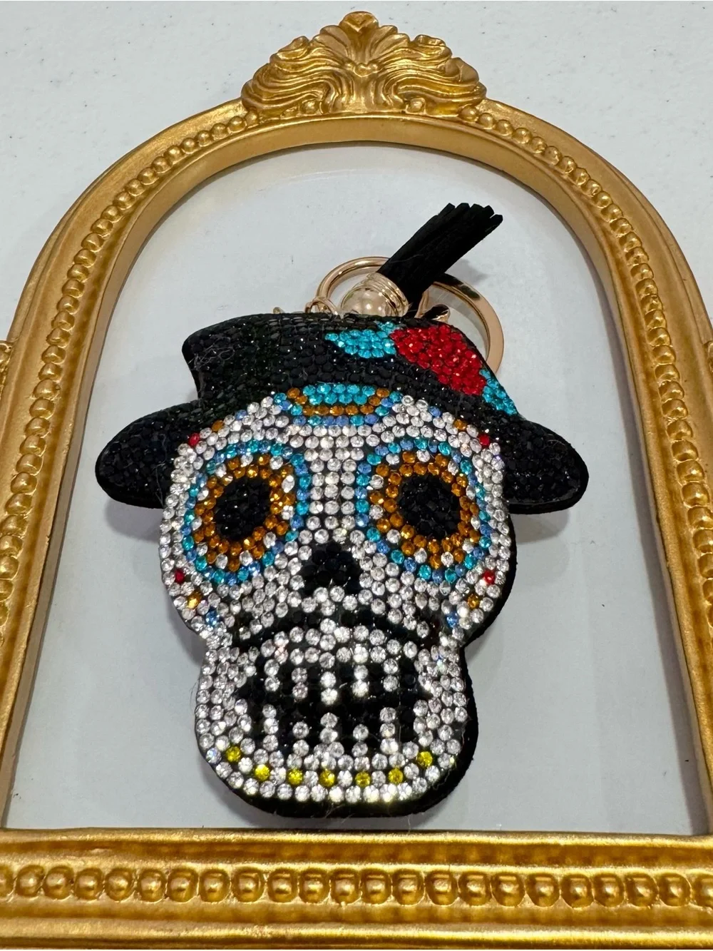 New Crystal Embellished Sugar Skull w/ Mustache & Hat Keychain